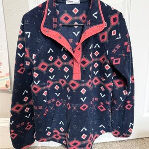 Sonoma Coral and Navy Geometric Fleece Pullover